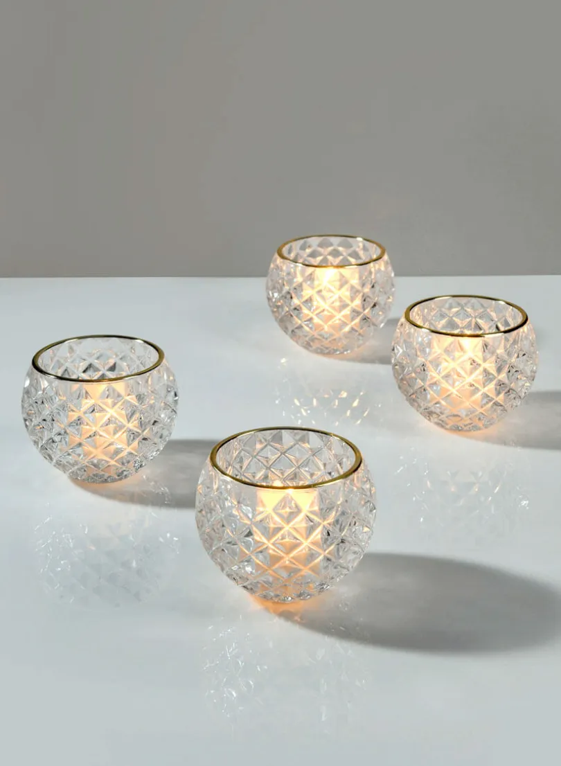 3in Wide Gold Rim Diamond Glass Fishbowl Tea Light Holder, Set of 4