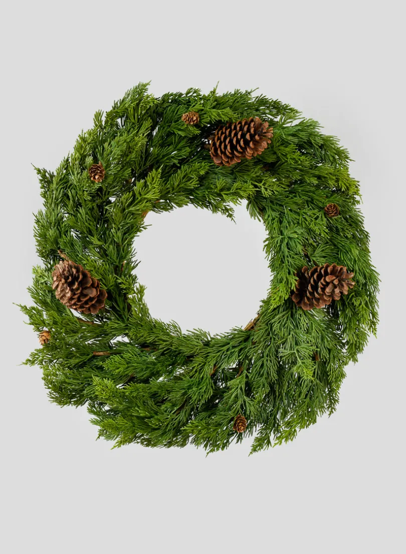 24in Wide Green Cypress Wreath With Pine Cones