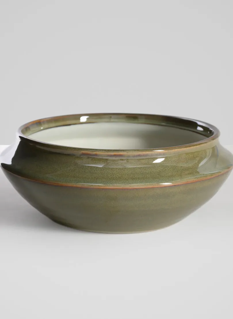 7.5in Wide Green Glaze Ceramic Ikebana Bowl