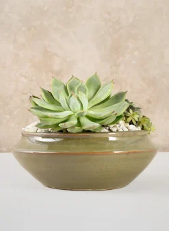 7.5in Wide Green Glaze Ceramic Ikebana Bowl