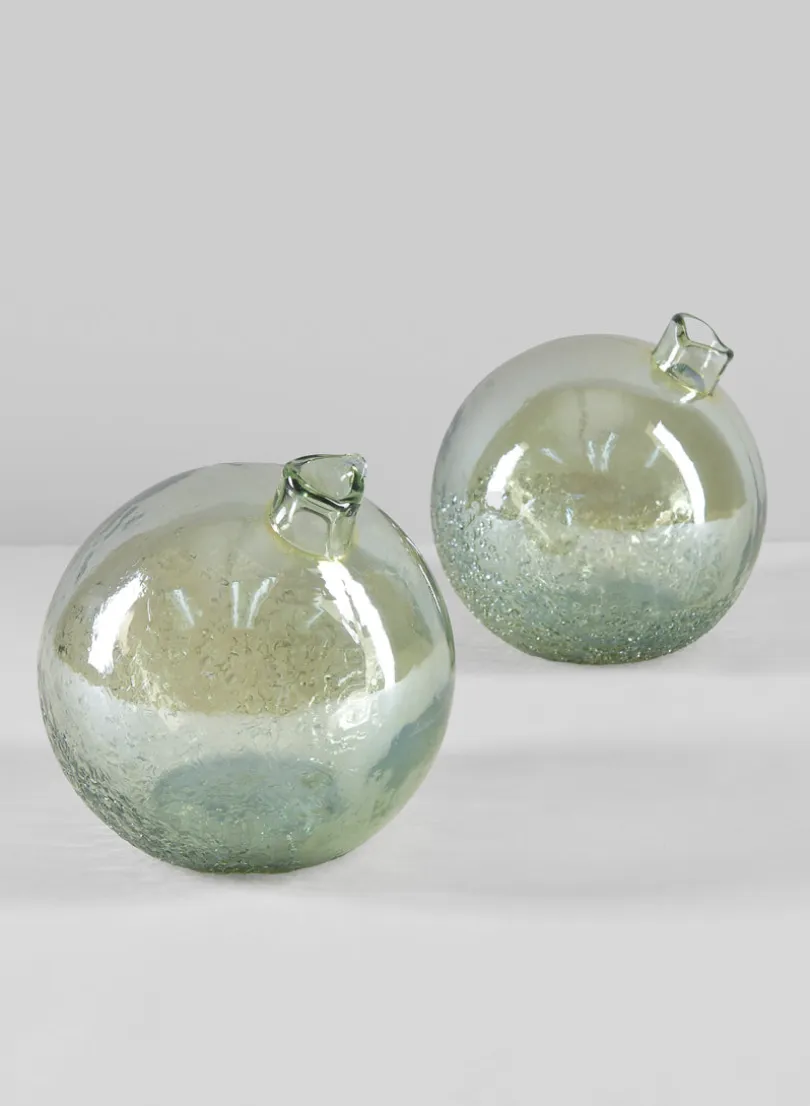 5in Wide Leila Tilted Speckled Luster Green Glass Ball Vase, Set of 2