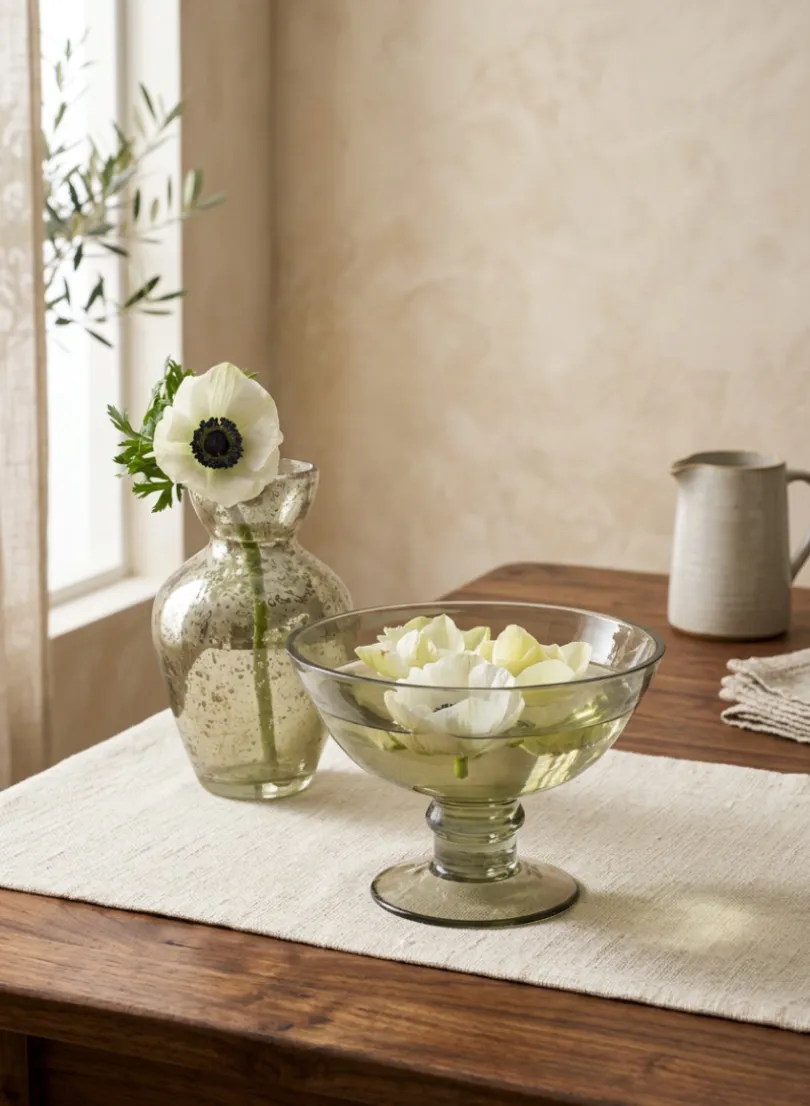 6in Wide Malaga Green Luster Glass Flower Compote