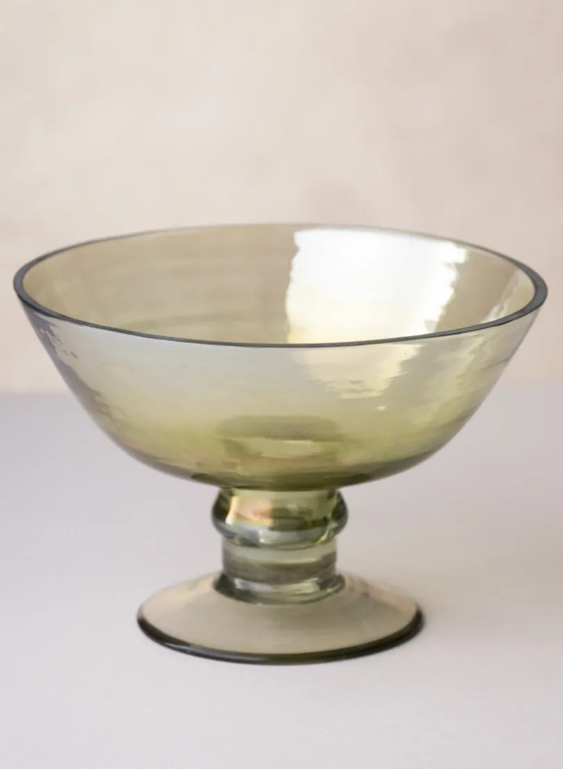 6in Wide Malaga Green Luster Glass Flower Compote