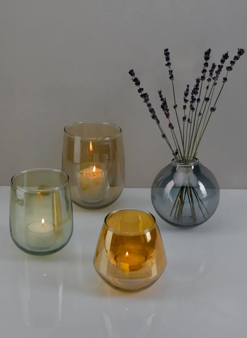 4.25in Wide Marbella Smoke Luster Glass Bud Vase, Set of 2
