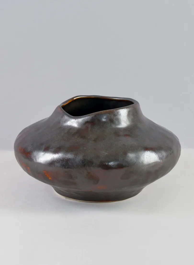 9in Wide Mashiko Aged Brown Artisan Ceramic Bowl