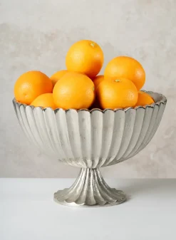 12in Wide Palermo Brushed Silver Scallop Compote Metal Bowl