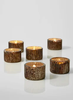 2in Wide Ribbed Rust & Silver Tea Light Glass Holders, Set of 6