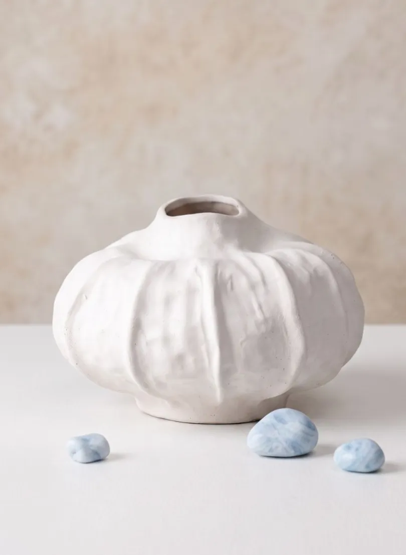 8in Wide Urchin Sand White Ceramic Deco Vase