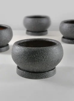 4.5in Wide Vasteras Sand Black Low Ceramic Pot with Saucer, Set of 4