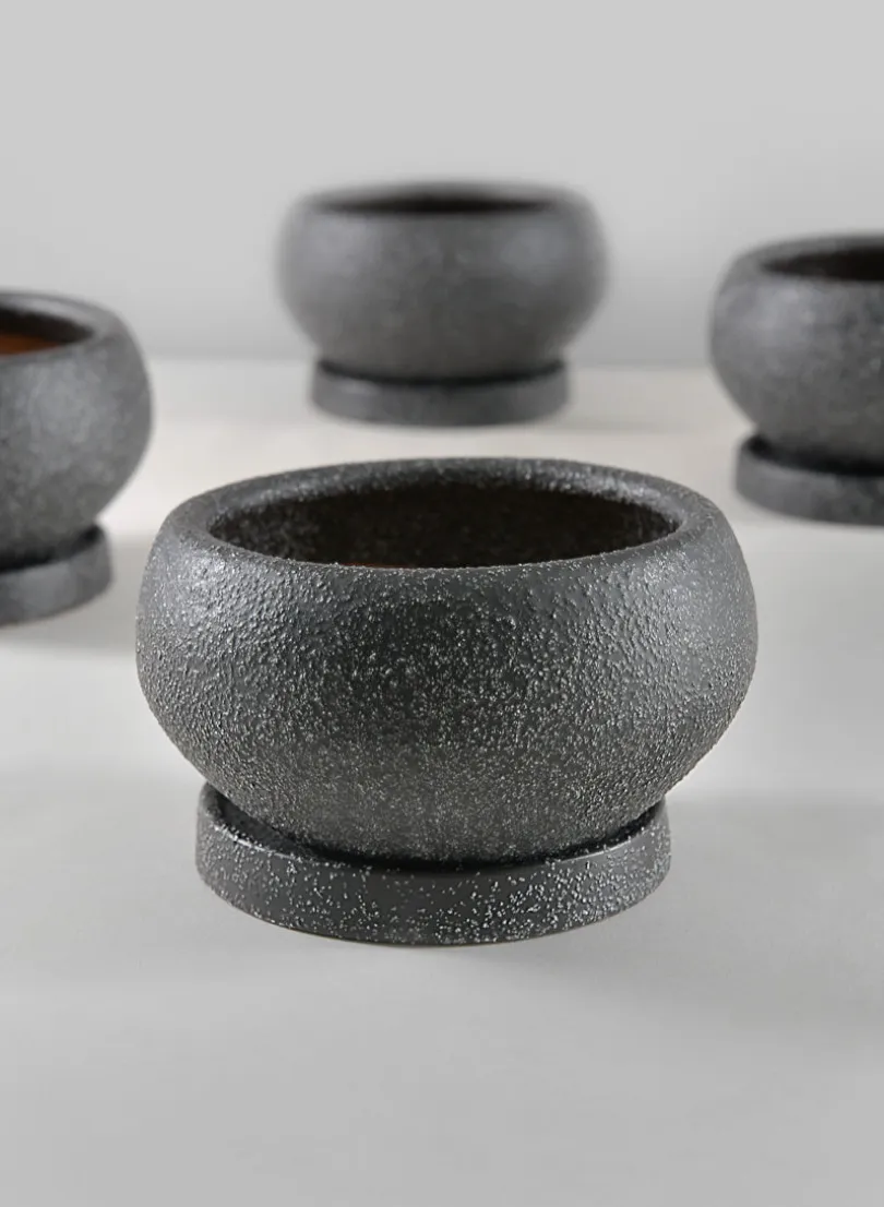 4.5in Wide Vasteras Sand Black Low Ceramic Pot with Saucer, Set of 4