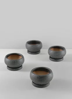 4.5in Wide Vasteras Sand Black Low Ceramic Pot with Saucer, Set of 4