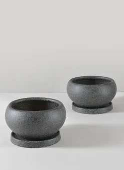 6in Wide Vasteras Sand Black Low Ceramic Pot with Saucer, Set of 2