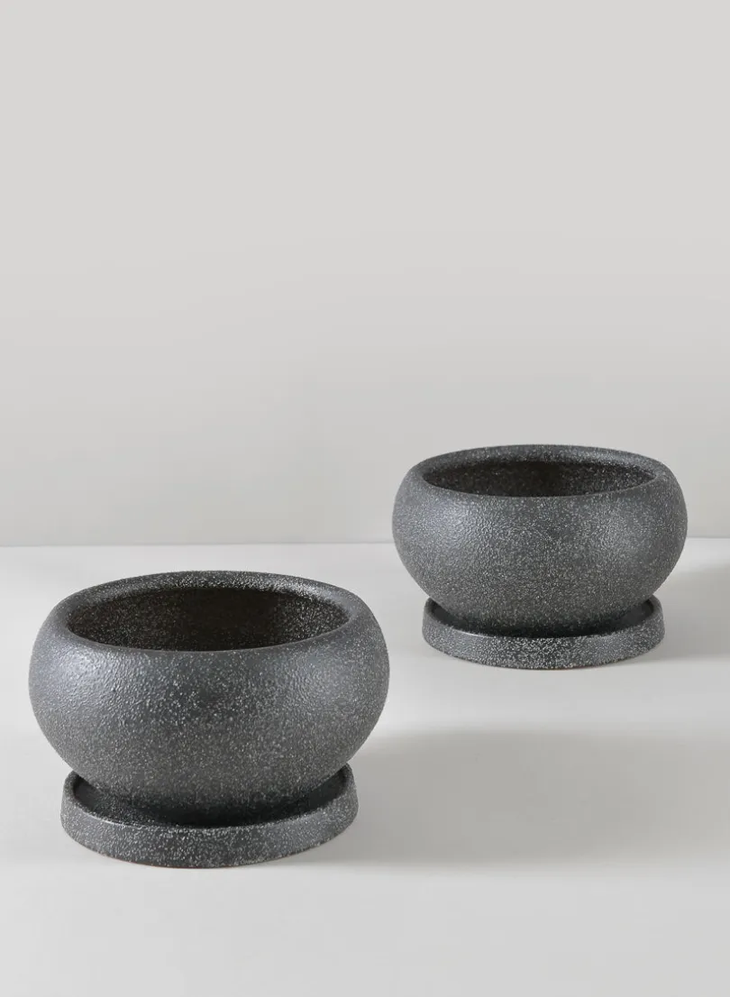 6in Wide Vasteras Sand Black Low Ceramic Pot with Saucer, Set of 2