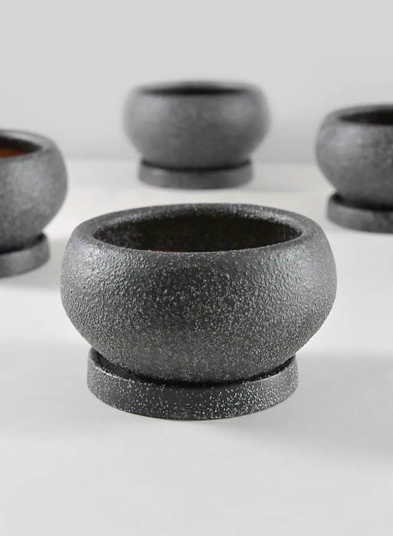 6in Wide Vasteras Sand Black Low Ceramic Pot with Saucer, Set of 2