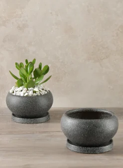 6in Wide Vasteras Sand Black Low Ceramic Pot with Saucer, Set of 2
