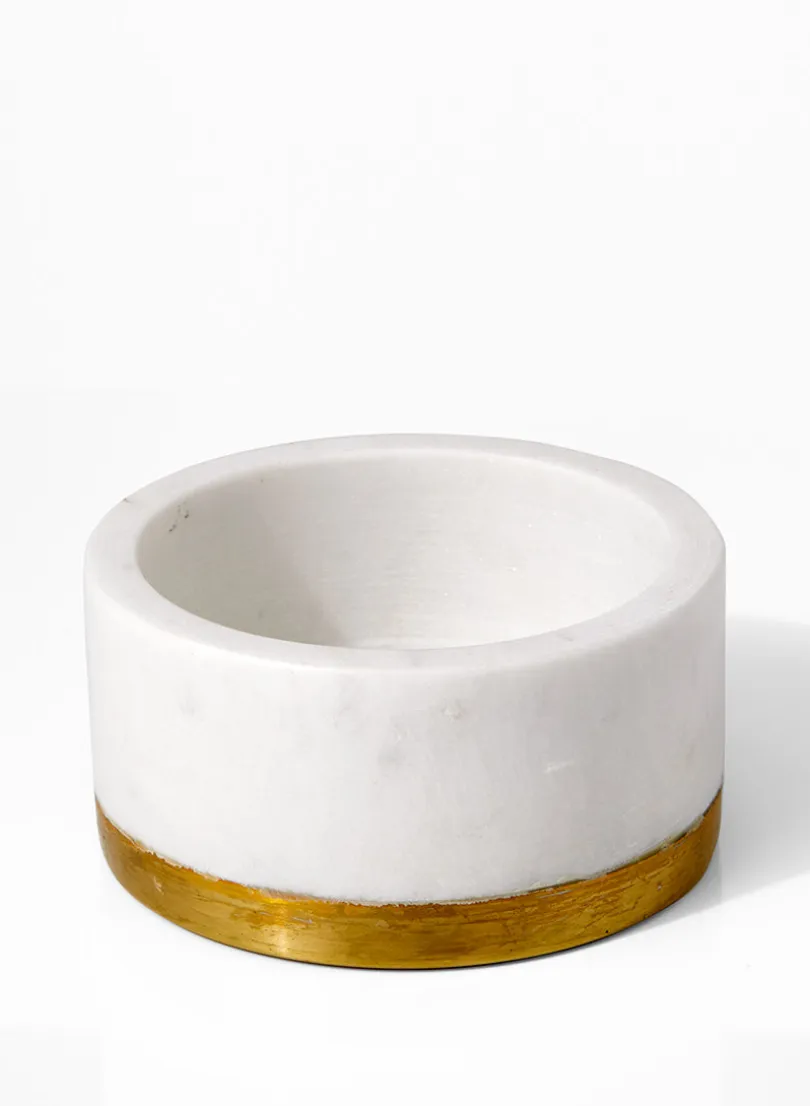 4in Wide White Marble Bowl With Brass Ring