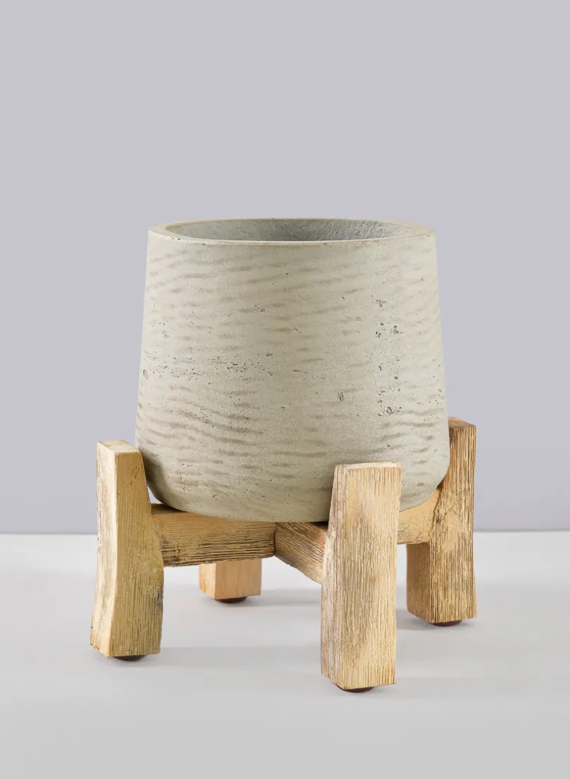 Rios White Washed Cement Pot with Wooden Legs